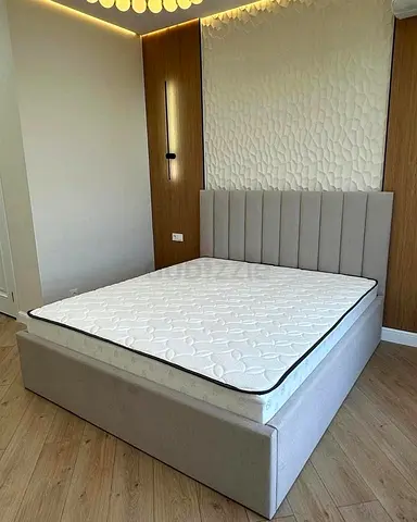 Modern Upholstered Double Bed with cushion headboard - Light Grey