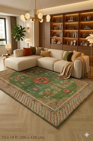 3.x 4.2 Green Traditional Rug with Medallion and Floral Patterns afghan handmade wool carpet