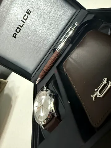 Police mens watch with wallet and pen gift set - brown leather strap