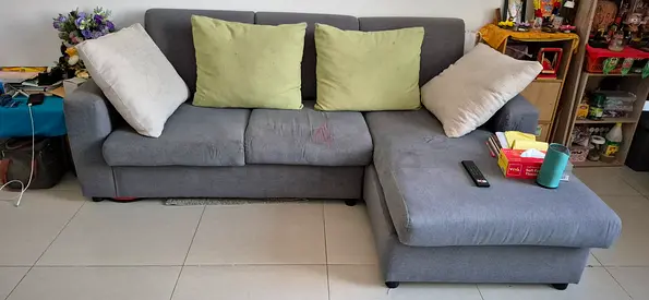 Grey L-shaped Fabric Sofa with Ottoman - 3 Seater