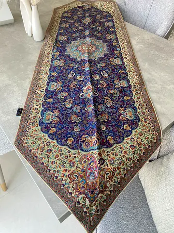 Handwoven Persian silk Table Runner / Narrow Rug - Deep Navy  Beige