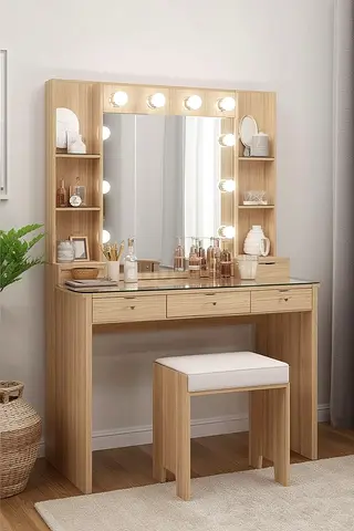 Wooden Vanity Dressing Table with Lighted Mirror and Stool