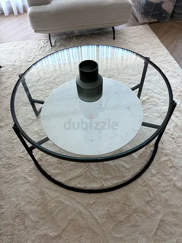 Round Glass and Marble Coffee Table with Black Metal Frame