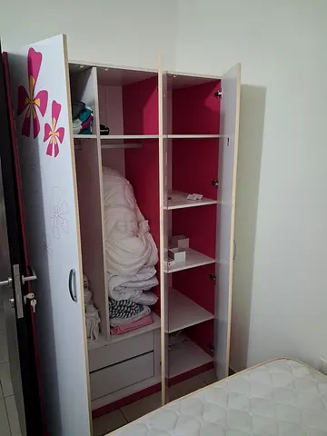 White  Pink 3-Door Wardrobe with Shelves — Good Condition