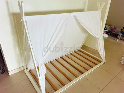 White Montessori Floor Bed Frame with Canopy (Single) - Solid Wood Slats