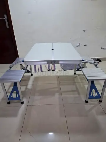 Foldable Aluminum Picnic Table with 4 Attached Stools - Portable Outdoor Table