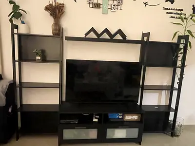 Black Wooden Entertainment Center with Shelves and Glass Doors