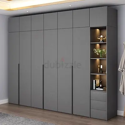Modern Grey Built-in Wardrobe with Open Shelves and Drawers