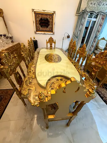 Ornate Gold Carved Dining Table with Matching Chairs