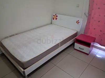Single Bed Frame with Mattress and Pink Nightstand - Good Condition