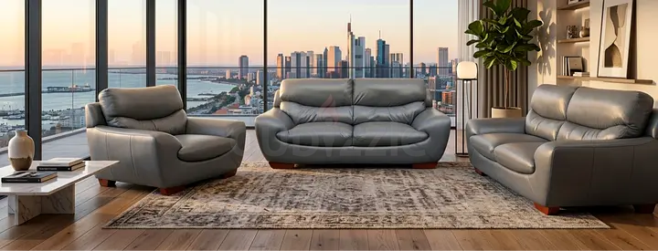 Gray Leather 3-Piece Living Room Sofa Set (3-seater + 2 x Armchairs)