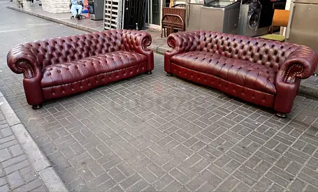 Pair of Burgundy Chesterfield Leather Sofas - Classic 3+3 Seater Set