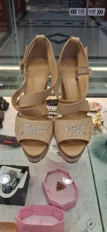 Charlotte Olympia Beige Wedge Sandals with Crystal Embellishments