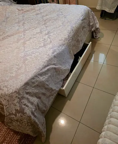 White Queen Size Bed Frame with Headboard Storage and 3 Under-Bed Drawers