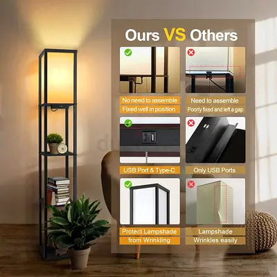 Modern Floor Lamp with Built-in Shelves and USB Charging Ports