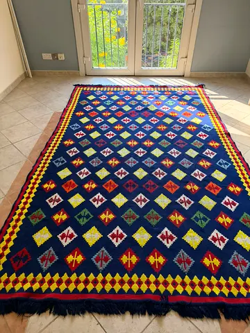 Handwoven Middle Eastern Style Wool Rug - Large, Blue Geometric Pattern