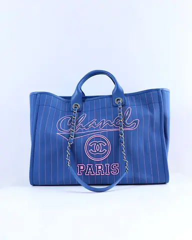 Authentic Chanel Deauville Large Blue/Pink Striped Tote Bag