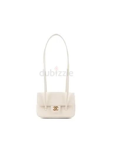 Authentic Chanel Clutch White Leather Strap in Grained Shiny Calfskin and Gold Tone Metal