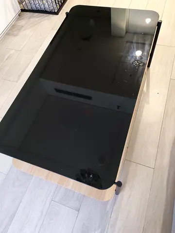 Modern Black Glass Top Coffee Table with Wood Base