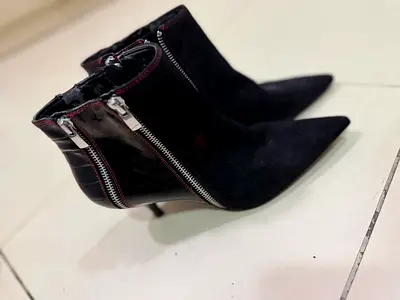 Black suede pointed toe ankle boots with side zips (womens) :Charles and Keith