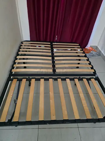 Folding Double Bed Frame with Wooden Slats (Metal Base)