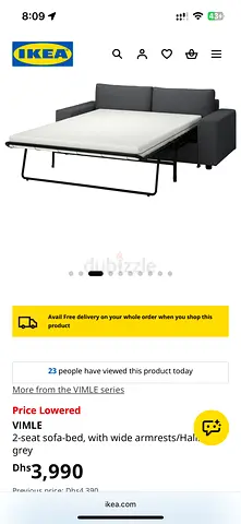 IKEA VIMLE 2-seat sofa-bed with wide armrests, grey - excellent condition