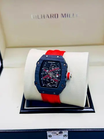 Richard Mille style mens skeleton dial watch with red strap (pre-owned)