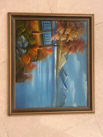Framed Scenic Landscape Oil Painting with Lake and Mountains