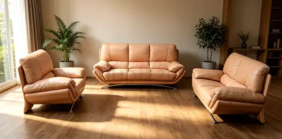 Beige Leather 3-Piece Sofa Set — Good Condition