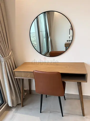 Wooden Writing Desk with Leather Chair and Round Wall Mirror