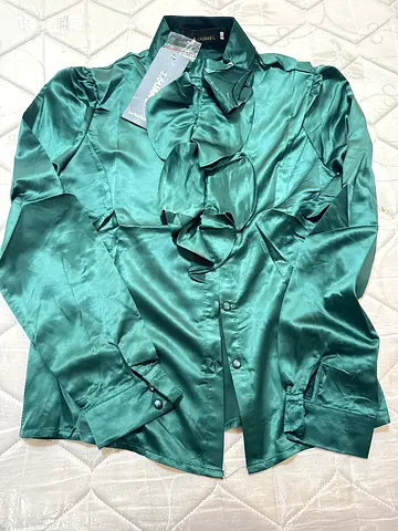 Green Satin Ruffle Front Long Sleeve Blouse