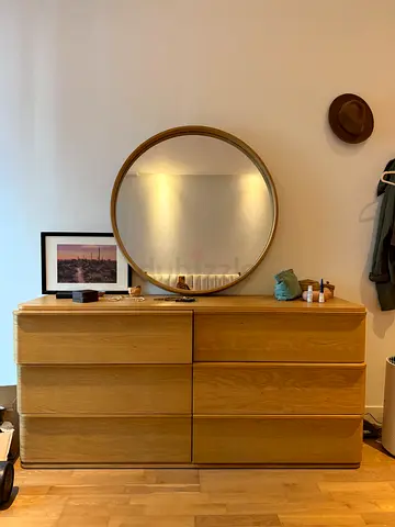 Solid Wood 6-Drawer Dresser with Round Wall Mirror