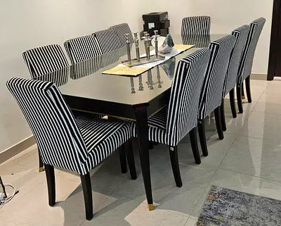 Black Glass Top Dining Table with 10 Striped Upholstered Chairs from the one