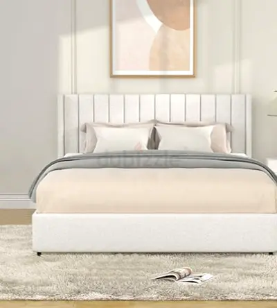 Upholstered Double Bed with Padded Headboard - Cream/Beige
