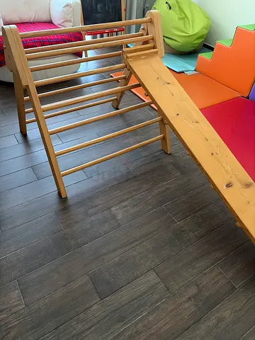 Pikler triangle and plank for indoor climbing activities (from Mud Kitchens Carpentry)