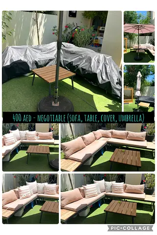 Outdoor L-shaped Sofa Set with Table and Umbrella - Good Condition