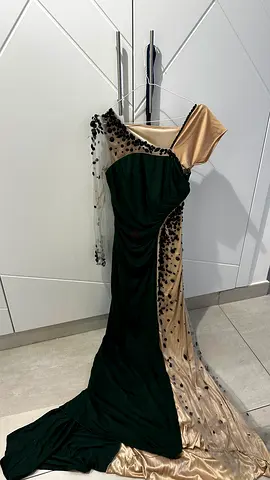 Evening gown - one-shoulder green and champagne dress with beaded tulle sleeve