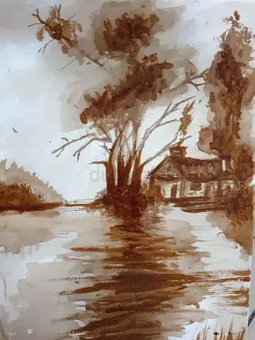 Original Sepia Landscape drawn with original coffee paint on canvas