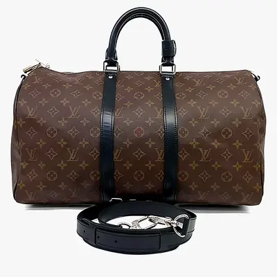 Authentic Louis Vuitton Brown PVC Macassar Bandouliere Keepall 45