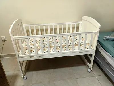 White Wooden Baby Crib with Mattress