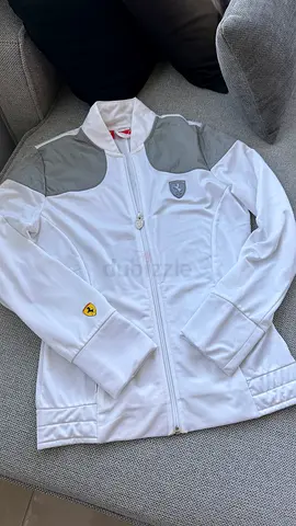 White Ferrari zip-up jackets, shorts, size medium — lightly used