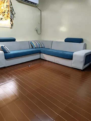 Large L-shaped Fabric Sofa — Blue and Light Grey, Good Condition