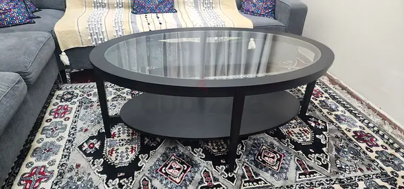 Round Glass-Top Coffee Table with Lower Shelf - Dark Wood Finish