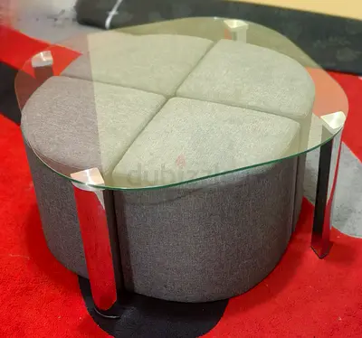 Round Glass Top Ottoman Coffee Table with Padded Seating (Grey)