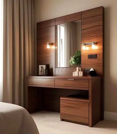Wooden Dressing Table with Mirror and Stool - Modern Walnut Finish