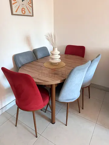 Round Wooden Dining Table with 6 Upholstered Chairs - Midcentury Style