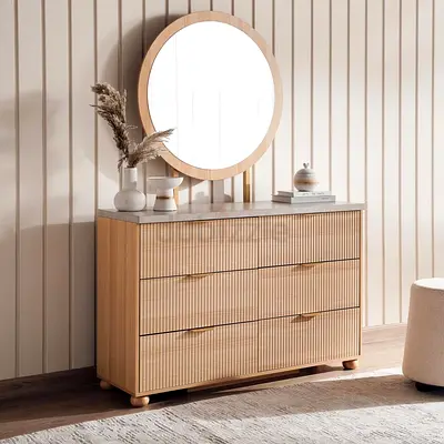 Modern Wooden Dresser with Round Mirror