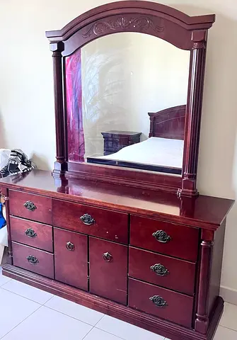 Solid Wood Dresser with Large Mirror - Classic Mahogany Finish