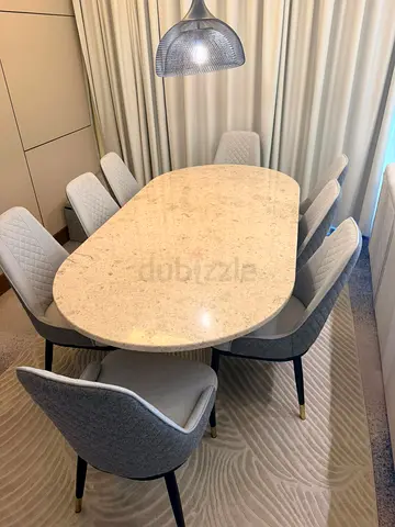 Marble Top Dining Table with 8 Upholstered Chairs - Modern Set