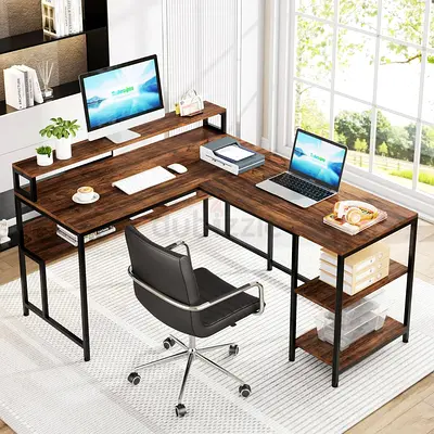 Modern L-Shaped Corner Desk with Monitor Stand and Storage Shelves